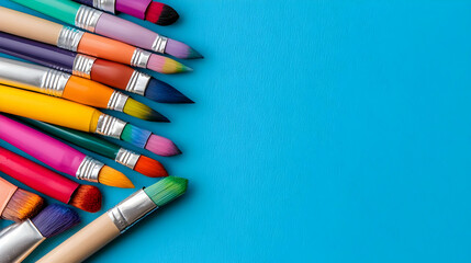 Naklejka premium Colorful paintbrushes on blue background, art supplies, creative hobby