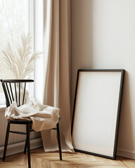 Mockup of a canvas on the wall in a cozy living room – Minimalist and rustic style