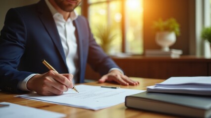 Declaration of Income, Golden sunlight bathes an office as a man signs income papers on an oak desk exuding professionalism and style.