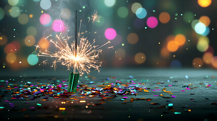 Festive Fireworks Display Over Wooden Surface With Scattered Confetti and Bokeh Lights