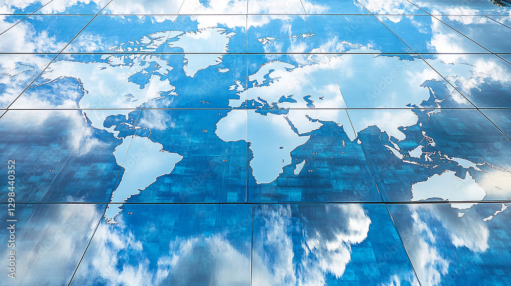 Poster the world map reflected in glass tiles, showcasing continents in the blue hues of the sky and clouds