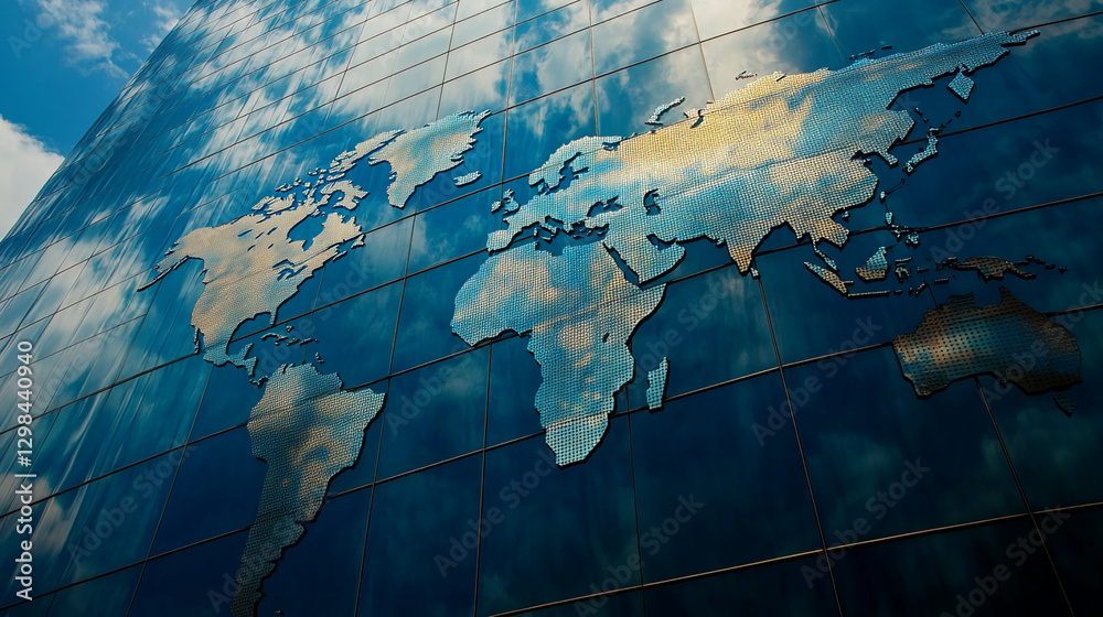Poster World map created with shiny metallic tiles reflecting the blue sky and clouds, representing global connections, modern design, and innovation in architecture.