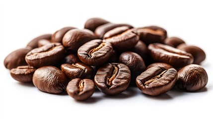 Naklejka premium Roasted coffee beans piled up on white background