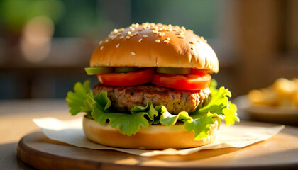 a hamburger with a rich variety of appetizing vegetables, tomatoes, and meat