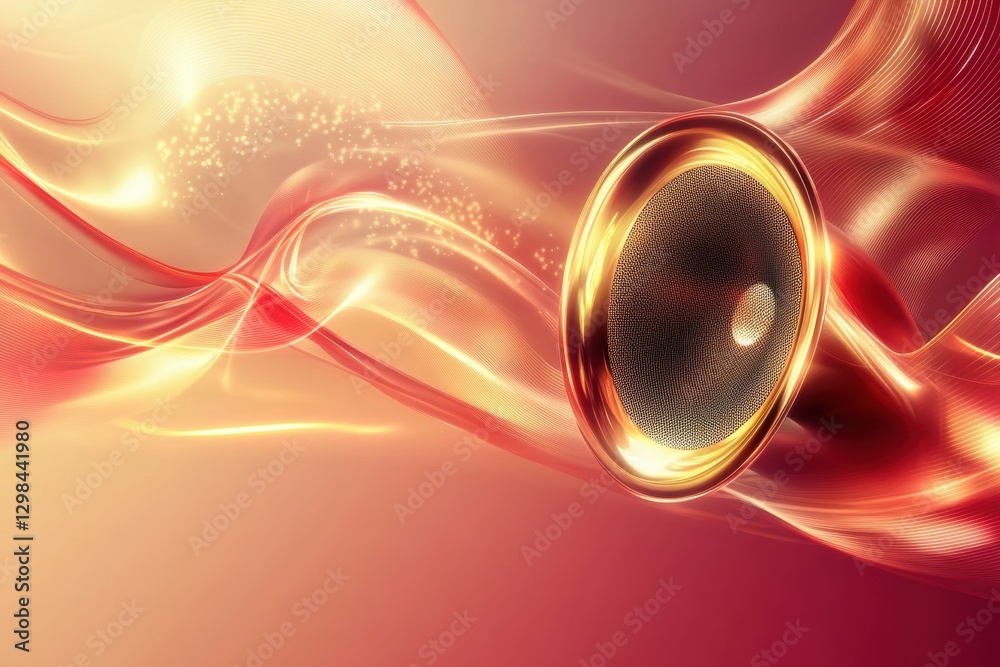 Poster 3D speakers creating vibrant light waves in an abstract composition with warm colors and fluid movement. Generative AI