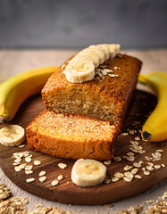 Cake dor&eacute; aux flocons d&rsquo;avoine et aux bananes, moelleux et sain, pr&eacute;sent&eacute; sur une planche en bois