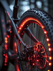 Obraz premium Mountain bike equipped with red led lights for enhanced visibility and safety