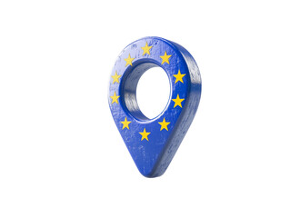 A blue location pin represents the European Union with golden stars and a circle, symbolizing unity among member countries and geographical identity in Europe.