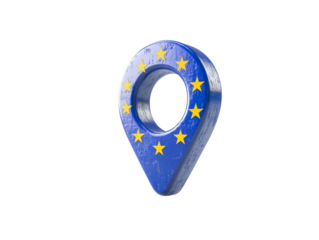 A blue location pin represents the European Union with golden stars and a circle, symbolizing unity among member countries and geographical identity in Europe.