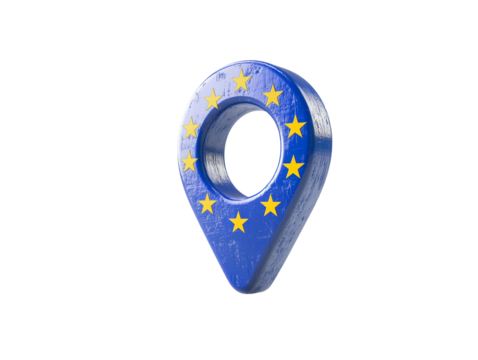 A blue location pin represents the European Union with golden stars and a circle, symbolizing unity among member countries and geographical identity in Europe.