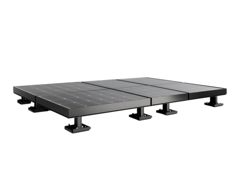 A sturdy solar panel platform is shown, featuring multiple solar panels mounted on a robust frame. The innovative design enhances efficiency, making it suitable for home energy systems.