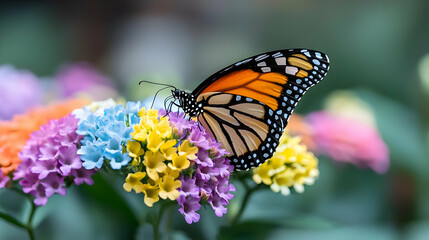Naklejka premium Monarch butterfly on colorful flowers, garden background, nature photography, stock image