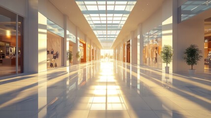 Sunlit Modern Shopping Mall Interior with Glass Stores and Marble Floor