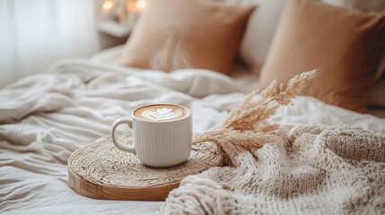 Steaming Coffee Cup on Bed with Knitted Blanket and Pampas Grass