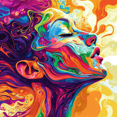 This captivating artwork features a stylized woman’s portrait, her face adorned with swirling multicolored patterns that create a sense of movement and emotion, reflecting creativity