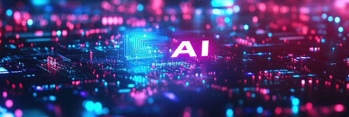 Abstract AI Digital Art with Glowing Blue and Pink Neon Lights