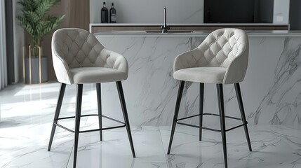 Modern beige velvet bar stools in kitchen