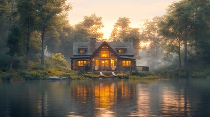 Obraz premium Cozy wooden cabin reflecting on tranquil lake at sunset