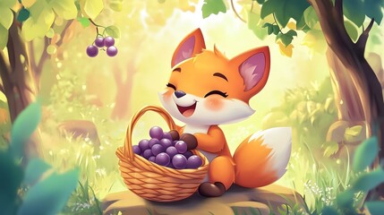 A cheerful fox happily collects grapes in a sunlit forest.