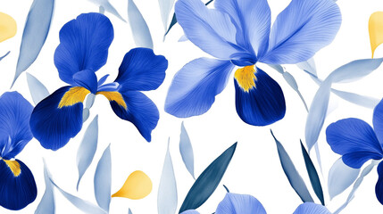 Floral pattern with bold blue irises and abstract yellow accents on a white background, featuring a delicate yet vibrant artistic style.