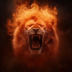 Naklejka premium Roaring Lion with Fiery Mane