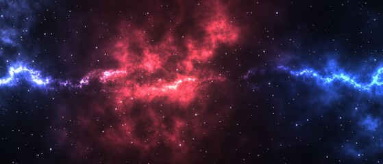 Naklejka premium Red and Blue Nebulae with Scattered Stars in a Dark Universe