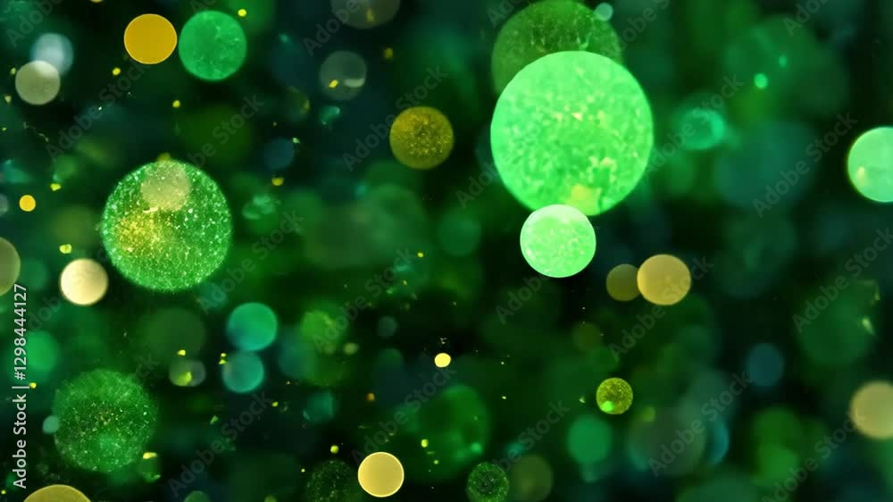 Poster Glittering green particles create a vibrant background for creative projects and festive themes, Glittering green particles background material for playback