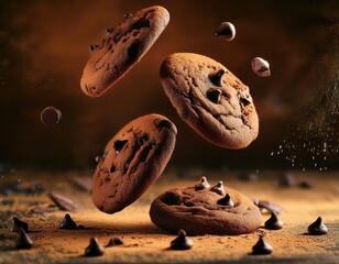 galletas de chocolate, que caen, con chips de chocolate en el suelo y en el aire, estilo ultrarrealista, realista, 4k