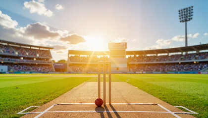 Sunset over cricket pitch with stumps, excitement of the game