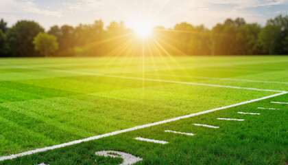 Obraz premium Vibrant cricket field illuminated by golden light, tranquil outdoors