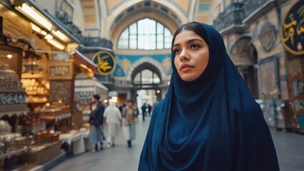 Young Woman in Hijab Exploring Lively Middle Eastern Bazaar