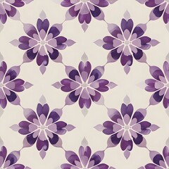 Repeating pattern of stylized purple flowers arranged on a cream background