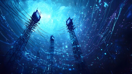 A blue digital background with the silhouette of an array tower surrounded by vibrant energy waves and futuristic symbols
