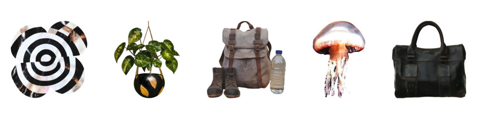 Assorted items including plant, backpack, and mushroom vintage element set isolated on transparent background.