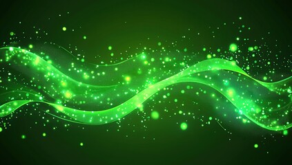 Abstract Green Glowing Particle Wave Background
