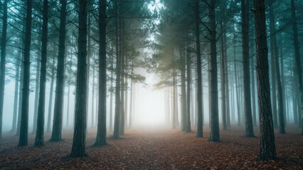 Obraz premium Mystical Forest Pathway Shrouded in Mist and Illuminated by Soft Morning Light