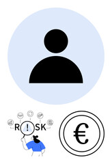 User profile icon, magnifying glass over risk elements, and euro currency sign. Ideal for finance, risk management, banking, user security, audit, economy abstract line flat metaphor