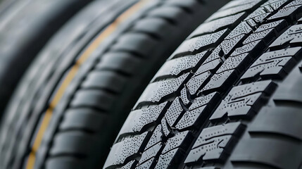 Close Up View Of Stacked Black Tires Showing Detailed Tread Patterns And Sidewalls