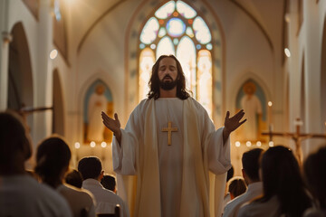Fototapeta premium Jesus Christ in a Church delivering a religious message about God and love to a congregation during Easter celebrations