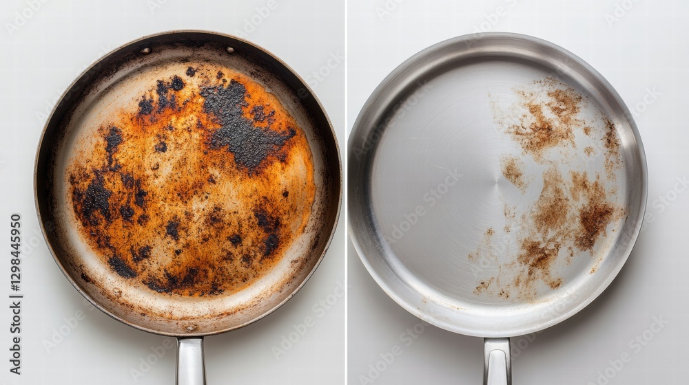 Poster Comparison of a heavily used frying pan and a clean frying pan showing the effectiveness of cleaning methods. Generative AI