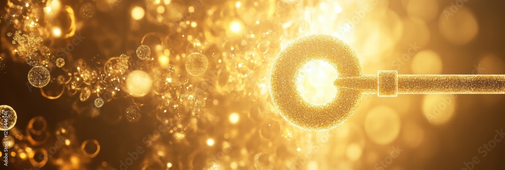 Poster Bright golden key sparkling in the light surrounded by glowing particles at an enchanting event. Generative AI