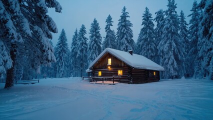Tranquil Snowy Landscape Featuring A Cozy Cabin with Glowing Lights Among Snow-Covered Trees