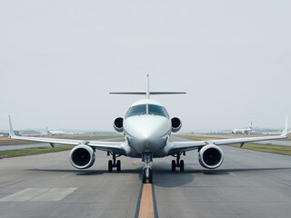Obraz premium Sleek, modern airplane parked on tarmac at airport under clear blue skies, sleek, jet