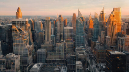 Urban Skyline at Sunset Showcasing Golden Hues Reflecting off City Skyscrapers