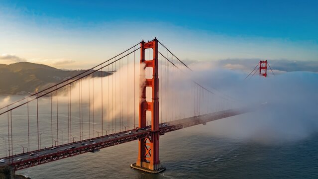 Aerial View of the Golden Gate Bridge Amidst Fog During Sunset - Powered by Adobe