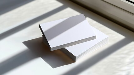 Two business cards overlapping on a polished white surface with soft natural light.