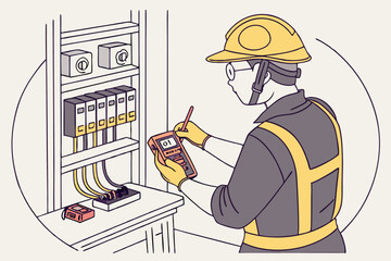 **Title:** Electrician Inspecting and Testing Circuit Breaker Panel for Electrical Safety Compliance Vector Illustration