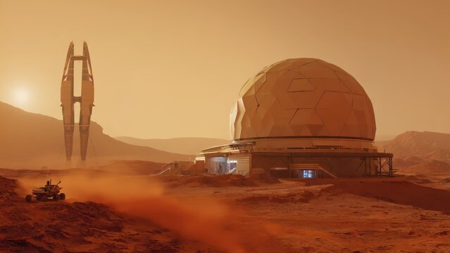 Martian Colony with Futuristic Domes, Rovers, and Space Elevator