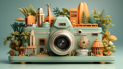 3D Render of Retro Camera Surrounded by Colorful Cartoon Landscapes