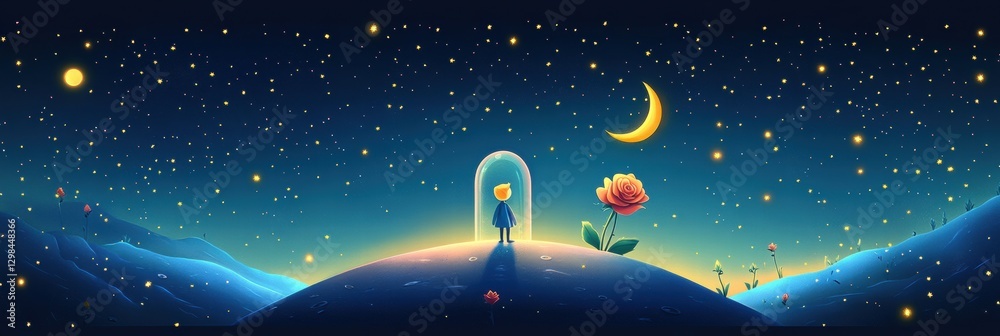 Aufkleber nighttime wonder with a child standing under a dome surrounded by stars and moonlight in a serene la